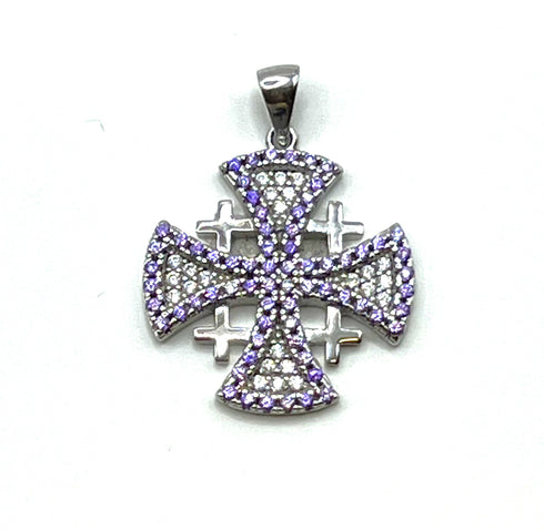 Sterling Silver Pave Stone Jerusalem Cross Pendant